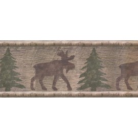 Concord Wallcoverings Wallpaper Border Nature Pattern Country Style Moose Pine Trees Forest Green Gray Brown 7 Inch by 15 Ft 13227N