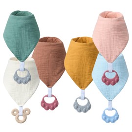 COOROBIN Baby Teething Bibs 6-Pack with Attachable Teether - 100% Organic Cotton, Super Absorbent & Soft Drool Bibs for Boys, Girls (Beige)
