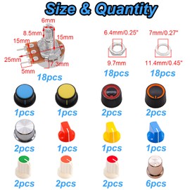 TWTADE 77PCS Potentiometer Kit WH148 B1K B5K B10K B20K B50K B100K Ohm Linear Rotary Variable Resistor Potentiometer with Various Knobs, Nuts and Washers H-055