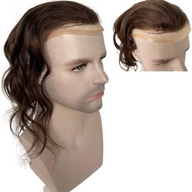 Voloria 12" Long Hair Men's Toupee Hair Replacement Systems Swiss Lace Front Natural Hairline Hairpieces Thin Skin PU V-looped 10"x8" Loose Wave(#3 Dark Brown Color)