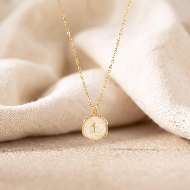 CTEEGN 14K Gold Plated Dainty Cross Necklace for Women White