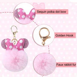 Sunwel Fashion Cute Pom Pom Ball Keychain- Mouse Ears & Polka-dot Bow Fluffy 2 Pack Fur Ball Keyring Charm for Handbag Backpack (pink/pink)