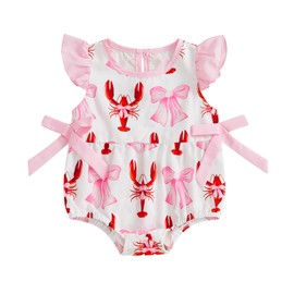 Newborn Baby Girl Crawfish Outfit Bow Lobster Romper Ruffle Sleeveless Bodysuit Infant Summer Clothes (White, 6-9 Months)