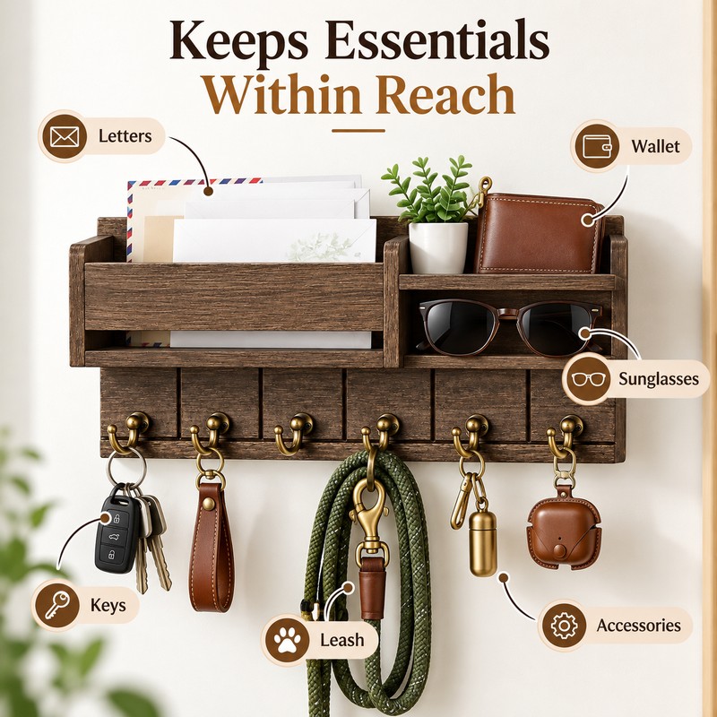 Rustic Wood Key Holder for Entryway – Wall Mounted Mail