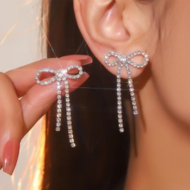Bow Earrings for Women Sparkly Rhinestone Bow Knot Earrings Dangle Prom Silver Jewelry Trendy Stuff Christmas Stocking Stuffers Gifts for Women
