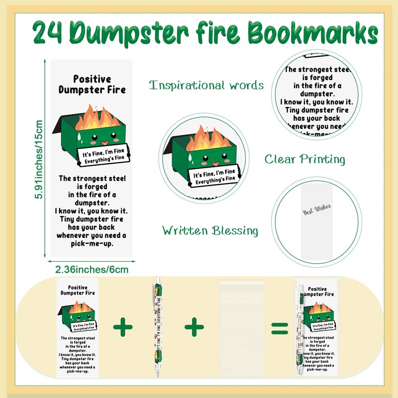24 Sets Dumpster Fire Gifts Funny Ballpoint Pens and Bookmarks