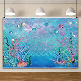 Canessioa Under The Sea Mermaid Scales Backdrop for Kid Girl Birthday Party Baby Shower Blue Scales Sea Water Seagrass Starfish Shell Photography Backdrop Photography Props 7x5ft (210x150cm)