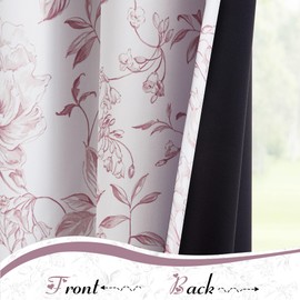 Beauoop Floral 100% Blackout Curtains 63 Inches Long 2 Panels for Bedroom Living Room Pink White Farmhouse Dusty Rose Flower Patterned Room Darkening Thermal Grommet Window Treatments Drapes, 50X63