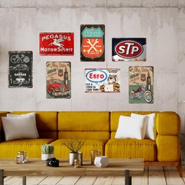 7 Pcs Vintage Metal Tin Garage Signs,Vintage Metal Tin Signs Retro Garage Signs For Men Wall Decorations Old Car Shop Posters Oil And Gas Station Sign Man Cave Decor 8×12 Inch（7pcs）