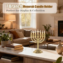7 Branch Hanukkah Menorah Candle Holder Gold Candelabra with 12 Tribes of Israel Design, 5 Inch Jewish Candle Holder for Hanukkah Holiday Party Table Centerpiece Home Decoration