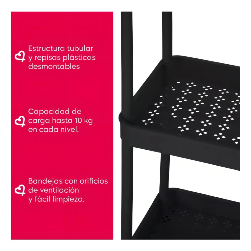 Carrito Auxiliar Organizador Almacenaje Multiusos 3 Niveles Color Negro