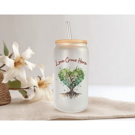 Mugzan Love Grows Here Frosted Glass Can W/ Bamboo Lid 16 Oz Glass Cup by Mugzan