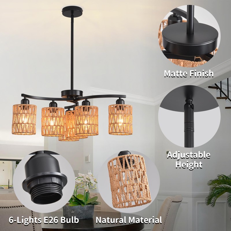 Povectolay Boho Hand Woven Chandelier, 6-Light Black Pendant Lights Kitchen