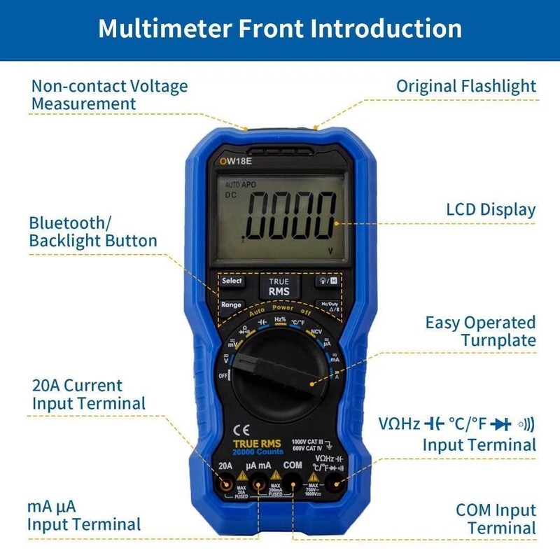 OW18E Digital Multimeter, 20000 Counting True-RMS Voltmeter Ohmmeter, Backlight LCD