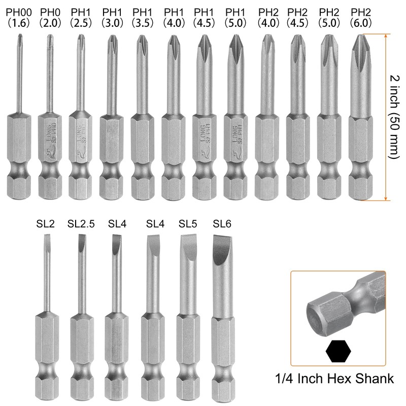 sourcing map 18pcs Slotted Phillips Screwdriver Bit Set SL2-6 PH00(1.6)