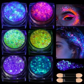 Gel de glitter fluorescente para rostro y cuerpo 6 colores purpurina luminosa con efecto brillo en la oscuridad UV, autoadhesivo, maquillaje para carnaval, Halloween, fiesta y festival