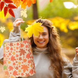 Gersoniel 100 Pieces Paper Fall Gift Bags with Handle Autumn Treat Candy Goodie Bags with Pumpkin and Maple Leaves Patterns for Fall Autumn Thanksgiving Party Favors