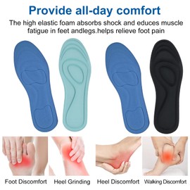 2 Pairs of Memory Foam Insoles, Comfort Breathable Massage Insoles, Shock Absorption Buffering, Soft Sole Shoe Insoles for Casual Shoes, Trainers, Black/Blue (43-44)