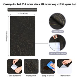 FANCYEASY 15.7"x118" Black Wood Wallpaper Peel and Stick Wood Annual Ring Textured Contact Paper for Kitchen Cabinets Black Contact Paper for Countertops Waterproof Self Adhesive Removable Vinyl Wraps