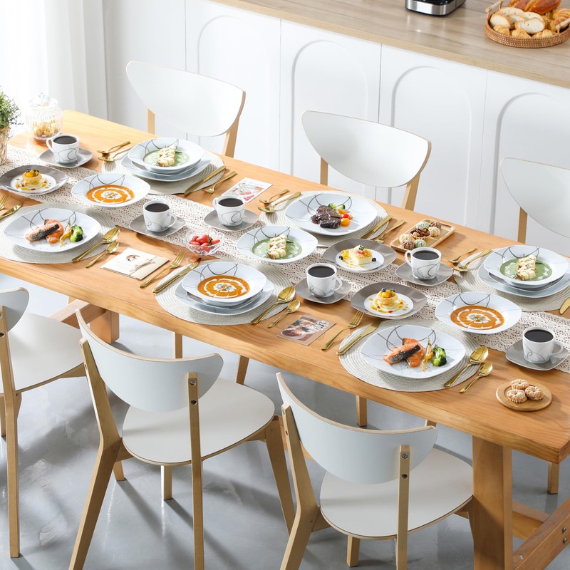 VEWEET 'Nikita' 30-Piece Dinner Set Ivory White Brown Lines Porcelain