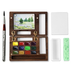 MEI COLOUR Portable Mini Watercolor Paint Set for Adult Artists, Wooden Pocket 12 Color Travel Watercolors Painting Kit Contains Pen Paper Sponge Wash Bucket