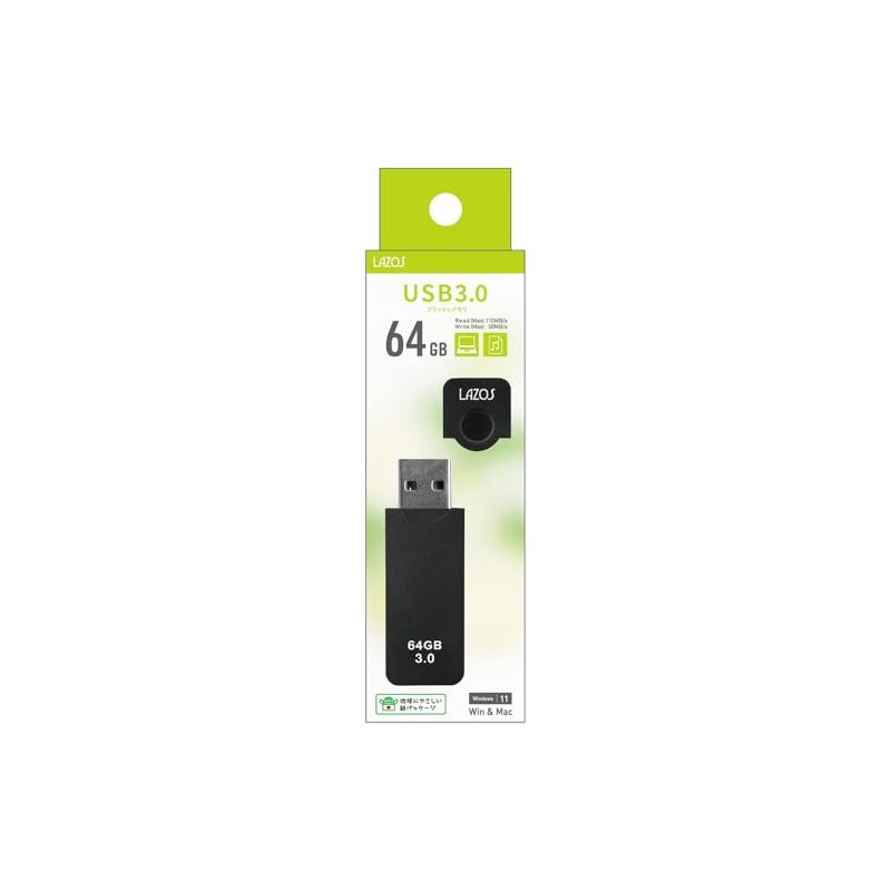 LAZOS 64GB Cap USB Flash Memory (Black)