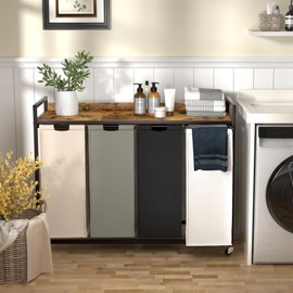 Herture Laundry Hamper with Shelf, Laundry Basket 4 Section, Laundry Sorter with Pull-Out Removable Large 4 Color Bags and Movable Wheels, Metal Frame, 4 x 15.87 Gallons (60L), Rustic Brown PF07XLN