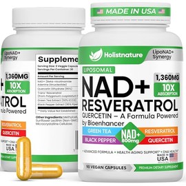 Suplemento NAD+, 1,360 mg de fuerza máxima liposomal | Resveratrol, quercetina, té verde | Energía celular y envejecimiento saludable para hombres y m