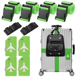 Pack of 4 Luggage Straps & 4 Luggage Tags & 2 Pieces Add a Bag Luggage Straps, Luggage Strap Strap, Adjustable Luggage Straps, Eye-catching Luggage Strap for Suitcases (Green)