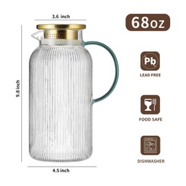 Buaic 2 PACK Glass Pitcher with Lid,68 oz/ 2 Liter Vertical Stripes Water Pitcher With Green Handle,Glass Water Carafe for Cold Brew,Coffee, Lemonade, Iced Sun Tea,Beverage,Milk Heat Resistant