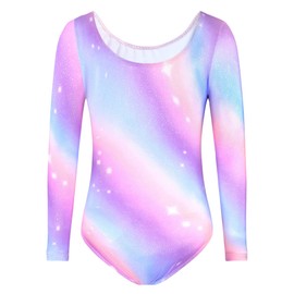 TENVDA Girls Gymnastics Leotards Size 8-9 Years Old Sparkly Purple Stripe Winter Long Sleeve Tumbling Outfit Workout Bodysuits