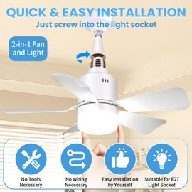 Gencokok Socket Fan Light with Remote, 17.7 in Ceiling Fans with Lights, 4 Speed Socket Ceiling Fan with Light, 3000-6500K Light Bulb Fan for Bedroom, Screw in Ceiling Fan for E26/27 Base