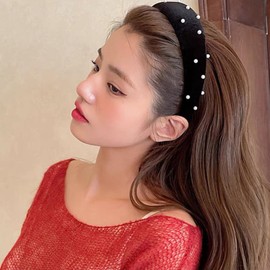 ZOONAI Velvet Wide Headband With Velvet Scrunchies for Women Girls, Fashion No Slip Hairband Elastic Hair Ponytail Holder Hair Tie (Pearl-Black, One Size)