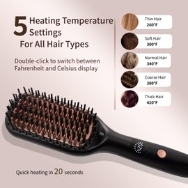 Gexloryn Hair Straightener Brush for Women, Ceramic Straightening Brush with Less Frizz, 5 Temp Settings, 20s Fast Heating, Hair Straightener Comb for Women with LED Display & Dual Voltage, Black
