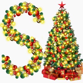 Jenaai 6 Feet Christmas Bulb Ball Garland with LED Lights Christmas Lighted Bulb Garland Ornament Xmas Tree Balls Decor Hanging Bulb Balls Decoration for Christmas Tree Fireplace (Red, Gold, Green)