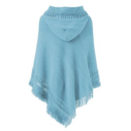 Ferand Ladies' Hooded Cape with Fringed Hem, Crochet Poncho Knitting Patterns for Women, Sky Blue