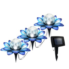 LEWIS&WAYNE Solar Garden Lights Outdoor, 3 Pcs Blue Lotus Flower Pathway Lamps with Cool White Crackle Glass Globe Led Lights for Patio Pathway Yard Balcony Garden Decorations