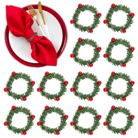 Christmas Napkin Rings, 12 Pcs Holly Berry Napkin Holder Bulk, Wreath Design, for Xmas Thanksgiving Table Decorations