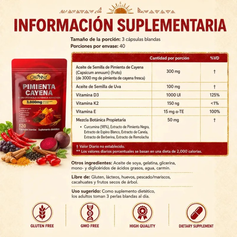 Gwynne Suplemento Dietético 12 en 1 con Pimienta Cayenne, Berberina,