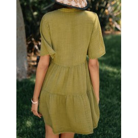 R.Vivimos Womens Summer Cotton Flowy Mini Dress V Neck Short Sleeve Boho Ruffle Tiered Casual Loose Tunic Dress (Small, OliveGreen)