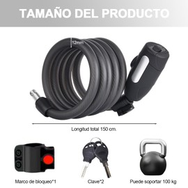 Candado para Bicicleta. con Soporte de Montaje y 2 Llaves, 12 mm de Diámetro, 1,5 m de Longitud. Candado Bicicleta, Adecuado para Bicicletas, Motocicletas, Portones, Vallas, Scooters. (Negro)