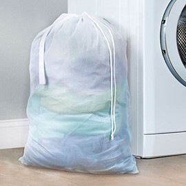 mDesign Mesh Laundry Clothes Bag - Handy and Light Laundry Bag - Foldable Washing Bag for Dirty Laundry - White