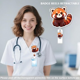 Cute Red Panda Badge Reel, RN Badge Buddy, Funny Red Panda ID Work Badge Holder with Retractable Alligator Clip Accessories for LPN CNA MA Nurse Doctor Nursing Student Teacher, and Medical Workers