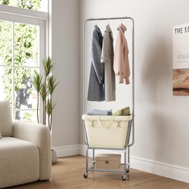 ELYKEN Laundry Cart with Hanging Rack, Rolling Laundry Hamper with Wheels, Laundry Basket with Removable Liner Bag and Shelf, Sturdy Metal Frame Dirty Clothes Basket for Hotel, Home, Closet, Dorm