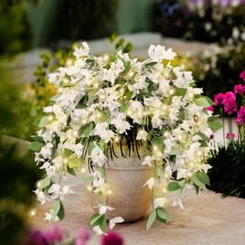 RECUTMS Artificial Flowering Vines Outdoors Hanging Flowers with Lights,Fake Plants for Outdoor Porch Garden Yard (White)