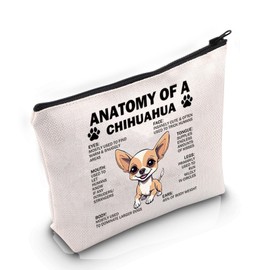 PYOUL Chihuahua Lover Gift Anatomy of a Chihuahua Design Makeup Bag Chihuahua Mum Cosmetic Bag Chihuahua Owner Gift, beige
