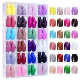 Square Press on Nails Short Fake Nails 24 Packs 576Pcs Solid Colorful Acrylic False Nail Tips Kit Nature Cute Artificial Nails Glossy Pure Colorful Glue on Nail Press ons for Women Nails Decoration
