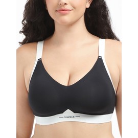 COMFELIE Wireless Bralette No Underwire Seamless Bra Lined Padded Deep V Neck Lightweight for Big Bust Support Black
