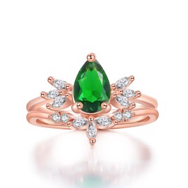 LAZLUVU Pear Shaped Engagement Ring Rose Gold Emerald Stackable Rings for Women Unique Green Gemstone Wedding Bands Sets for Him and Her Size 7