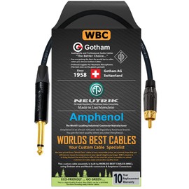 WORLDS BEST CABLES 0.5 Foot – TS to RCA Cable – Gotham GAC-4/1 (Black) Star-Quad Audio Interconnect Cable & Neutrik NP2X-B & Amphenol ACPL-CBK Gold Plugs - CUSTOM MADE